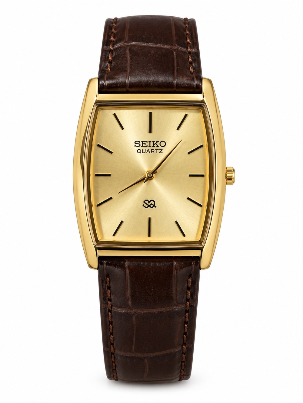 Seiko Gold-Tone Rectangular Dial Brown Leather Strap Watch